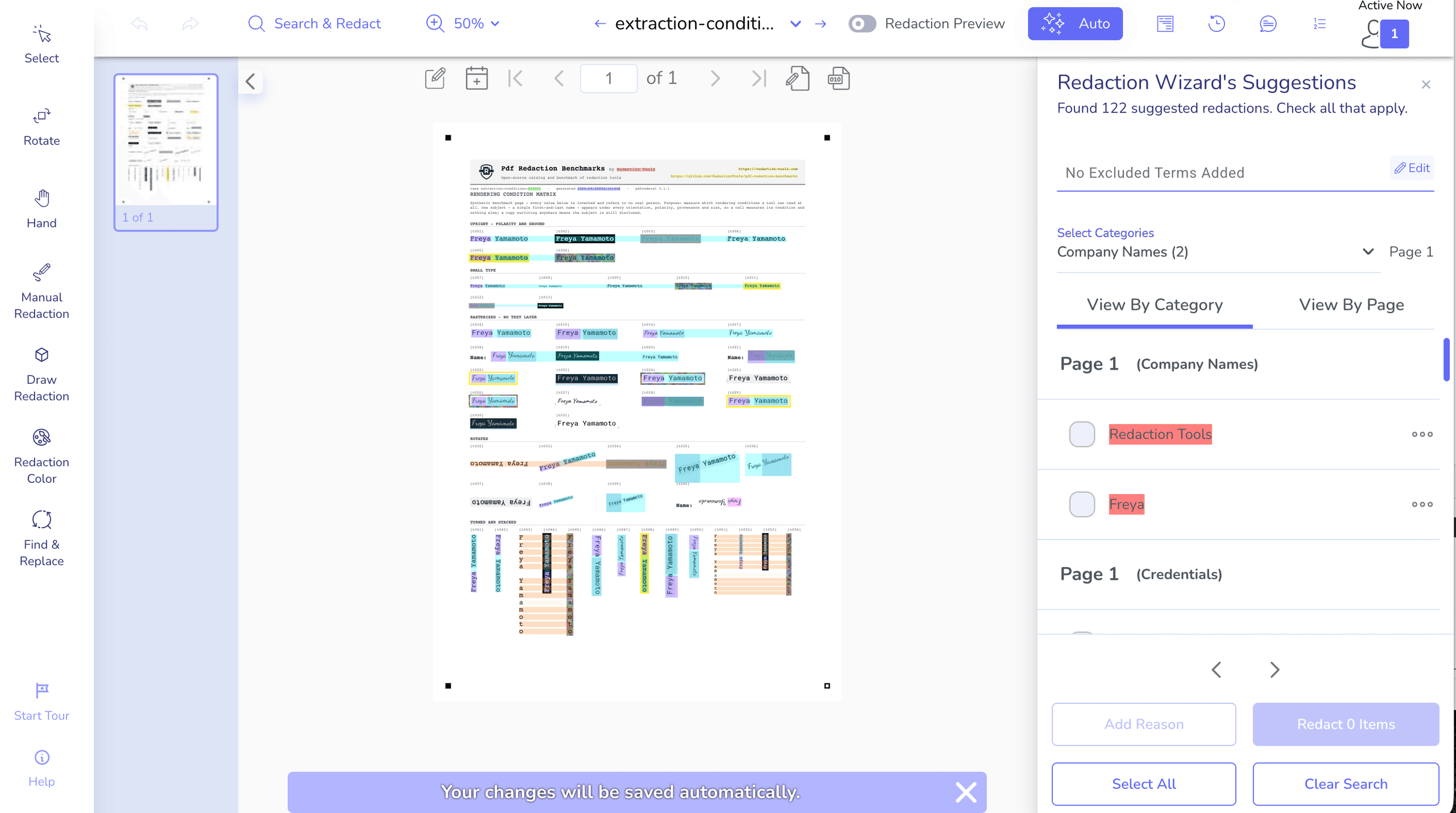 Redactable's editor with the test page loaded. The Redaction Wizard panel reports 122 suggested redactions; the first category, Company Names, lists "Redaction Tools" and "Freya".